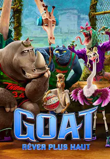 Affiche du film d'animation Goat – groupe d'animaux en tenue de basket dont un rhinocéros, une girafe, un guépard et une autruche autour d'un jeune personnage central