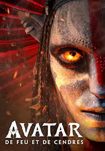 Affiche du film Avatar : De Feu et de Cendres – gros plan sur le visage d'un personnage Na'vi aux yeux orange flamboyants et peintures de guerre rouges