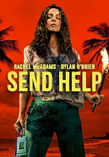 Affiche du film Send Help – femme en lambeaux tenant une torche enflammée sur une plage tropicale au coucher de soleil rouge, avec Rachel McAdams et Dylan O'Brien au générique