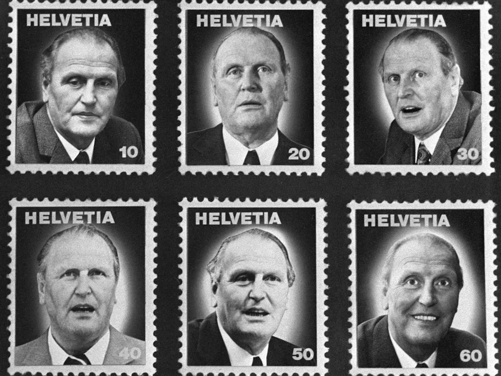 Aprilscherz-Fotos aus dem Bilderarchiv. Eine angebliche neue Briefmarkenserie zeigt Bundesrat Willi Ritschard mit je nach Wert zunehmend fröhlichem Gesichtsausdruck. Der Aprilscherz behauptet, der Erlös komme den PTT-Betrieben und damit auch Ritschard selbst zugute.