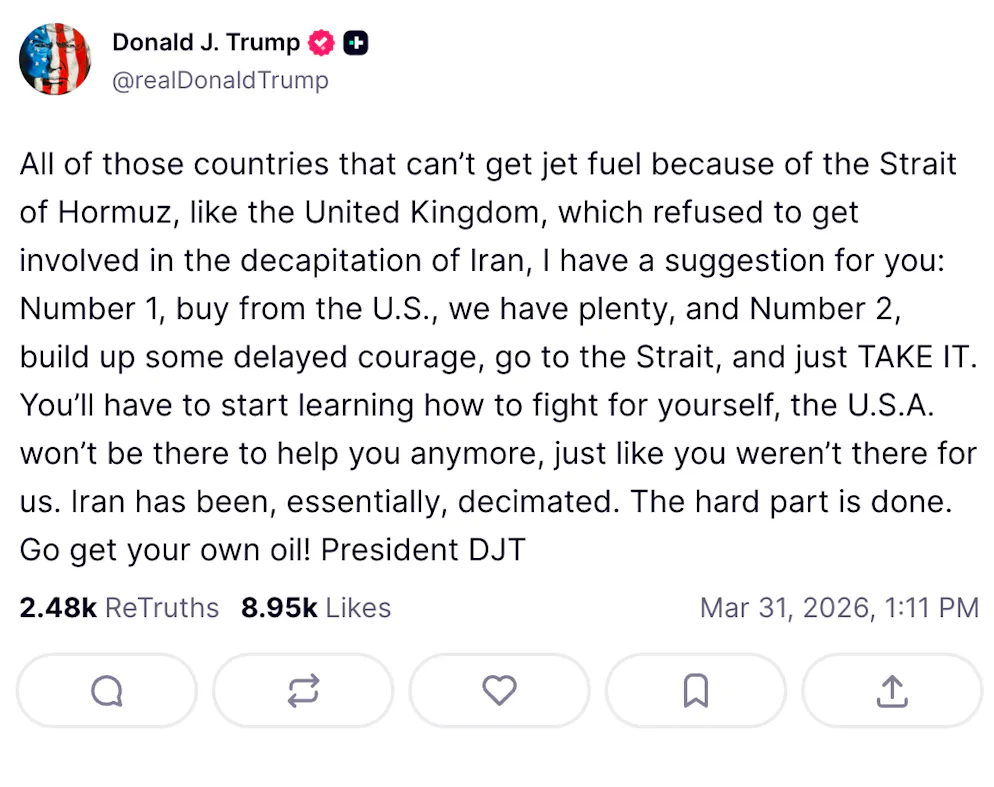 Trumps Nachricht auf Truth Social.
