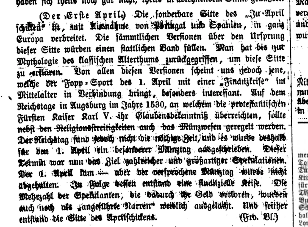 So berichtete die «Nikolsburger Wochenſchrift» am 1. April 1876 über den Ersten April.