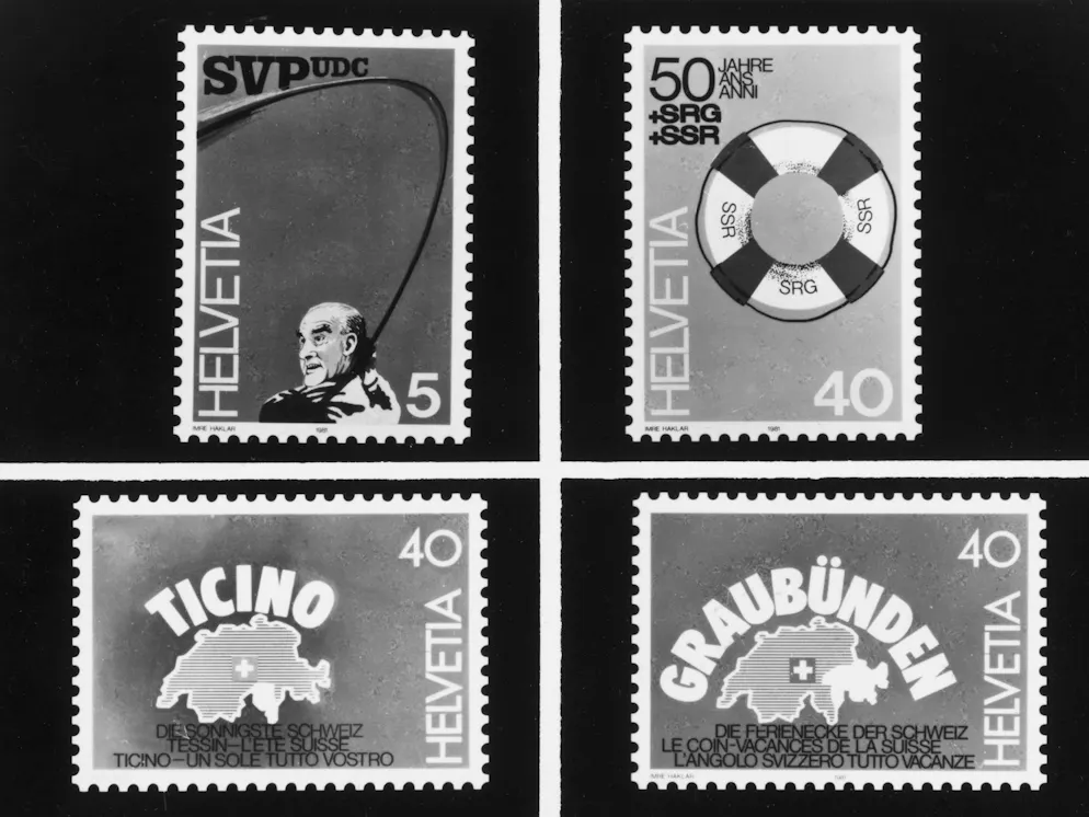 Aprilscherz-Fotos aus dem Bilderarchiv. Die PTT soll angeblich Briefmarken mit Werbesujets herausgegeben haben, unter anderem mit Alt-Bundesrat Gnägi und touristischen Motiven aus dem Tessin und Graubünden. In Wirklichkeit handelt es sich um einen Aprilscherz, der mit Zustimmung der PTT entstanden ist.