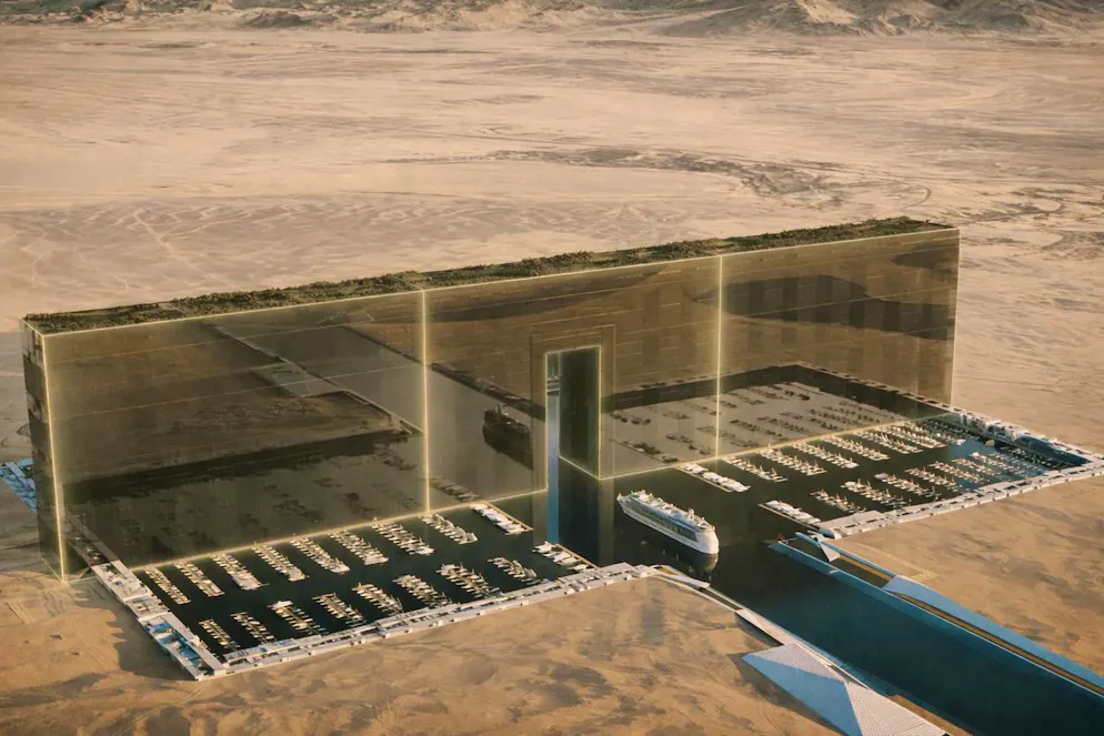 Progettato in modo gigantesco, probabilmente ridimensionato: questo rendering mostra lo spettacolare ingresso della "Linea" sul Mar Rosso. Invece di 170 chilometri, entro il 2030 potrebbe essere costruito solo un breve tratto di circa 2,4 chilometri - la megalopoli diventerà un progetto pilota.