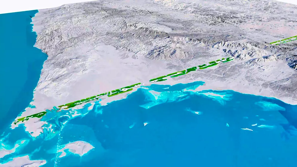 The Line è al capolinea. Uno sguardo alla mappa mostra le dimensioni: "The Line" attraversa il nord-ovest dell'Arabia Saudita su una distanza insolita anche per i mega-progetti. La pianificazione, la costruzione e la fornitura di un tale sistema sono considerate estremamente complesse.