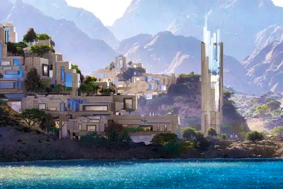 Uno dei tanti rendering del progetto MAGNA: lungo la costa stanno sorgendo destinazioni di lusso più piccole e modulari. A differenza di "The Line", questi concetti appaiono molto più tangibili e si adattano alla nuova strategia NEOM, più pragmatica.