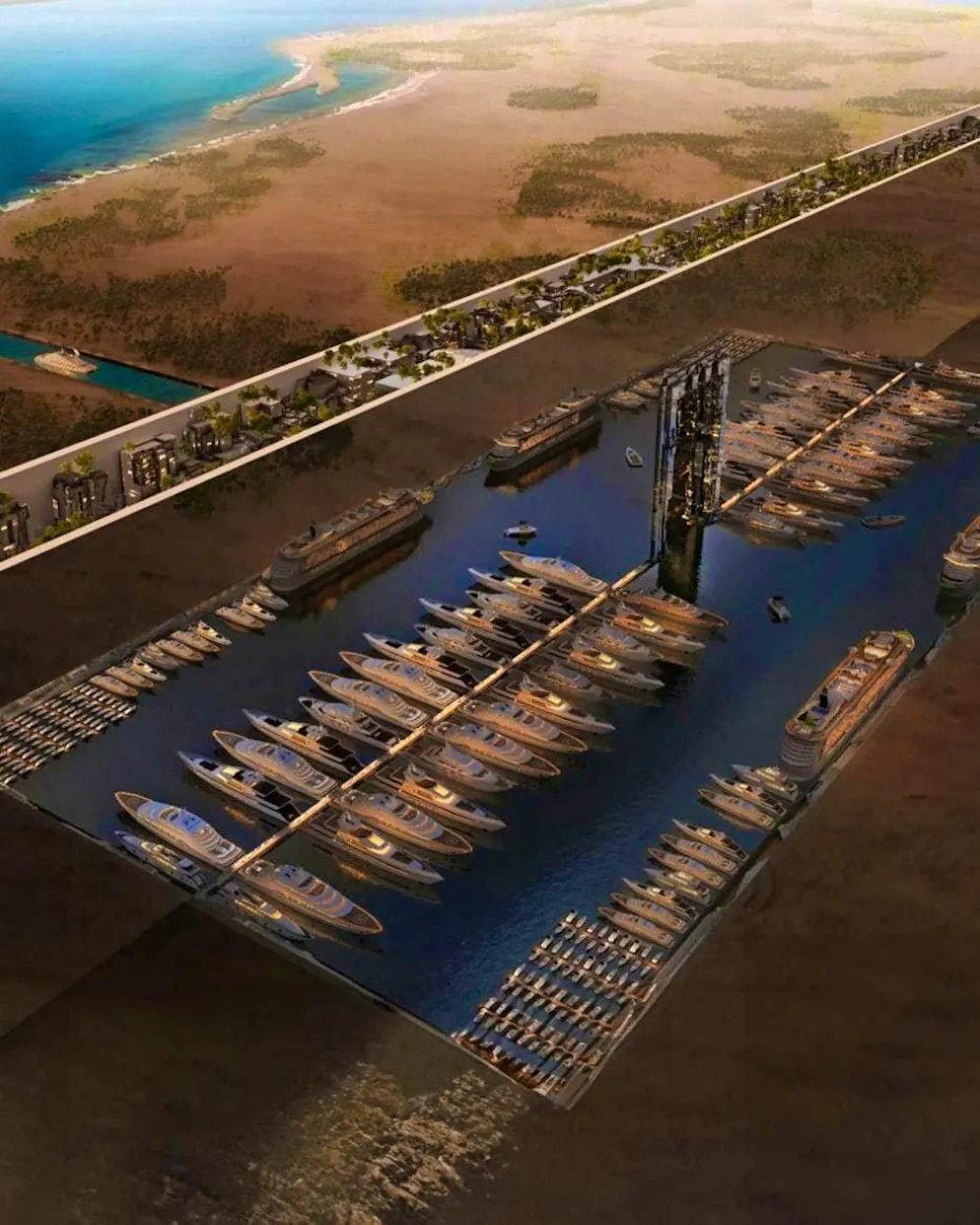 The Line è al capolinea. All'inizio della città si trova la costa del Mar Rosso. Qui si stanno costruendo porti turistici e accessi all'acqua: una posizione che presenta evidenti vantaggi. Le persone che vivono qui saranno probabilmente molto più privilegiate di quelle che vivono nell'entroterra.