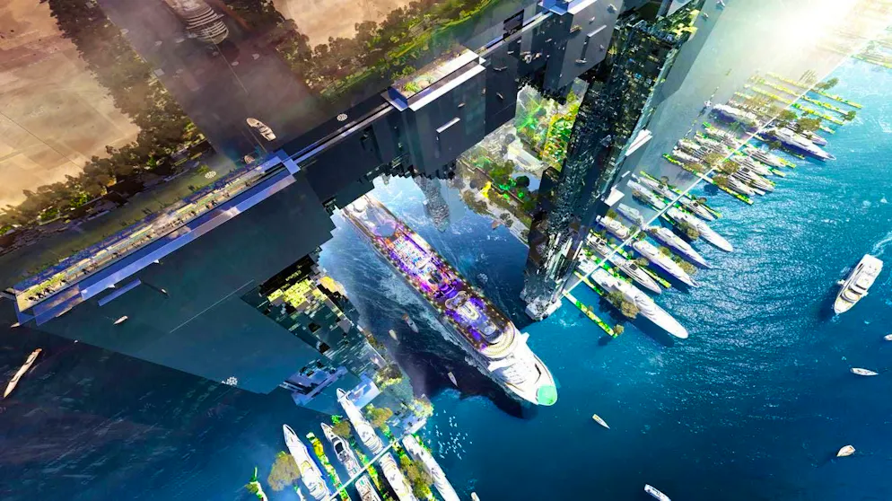 The Line è al capolinea. Le dimensioni sono visibili anche nel porto: anche le grandi navi potranno attraversare "The Line" per attraccare. Un dettaglio che sottolinea l'enorme ambizione strutturale e tecnica del progetto.