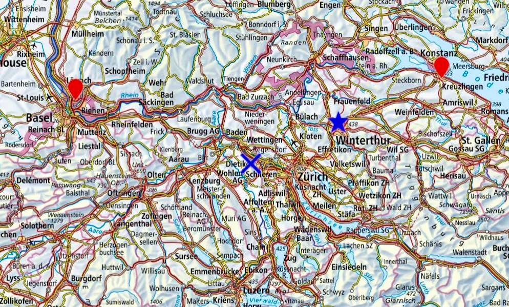 I punti rossi indicano il punto di partenza e la destinazione di Heidi Scheuerle l'8 ottobre. La stella blu indica l'area di servizio dell'autostrada dove Scheuerle è stata vista per l'ultima volta. La croce indica il luogo in cui sono stati trovati i resti dell'allora 26enne.