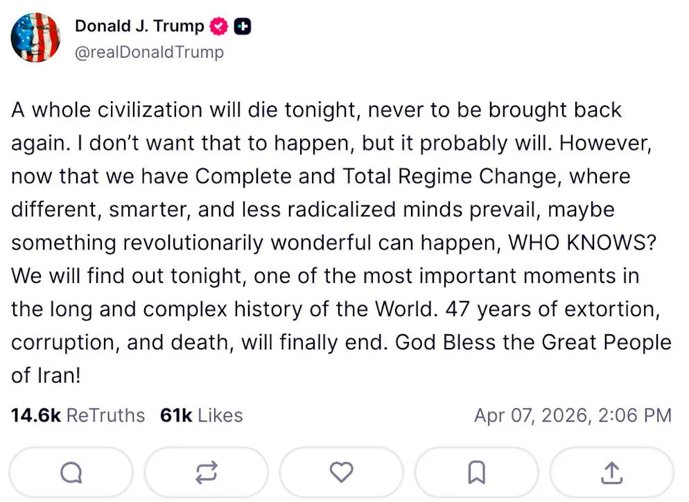 Trump's post from 2.06 p.m. - just under six hours before his ultimatum expired.