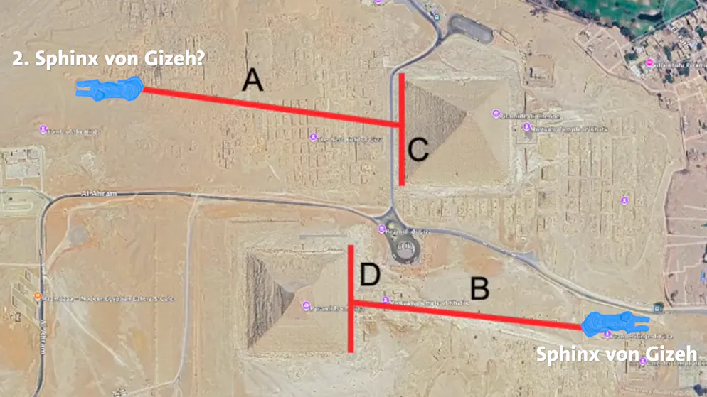 Grafik zum Gizeh-Plateau: Die bekannte Sphinx (rechts unten) wird mit einer hypothetischen zweiten Sphinx (links oben) verbunden. Laut Filippo Biondi ergibt sich deren Position aus einer achsensymmetrischen Anordnung – gespiegelt über die Pyramiden hinweg. Die Linien (A–D) sollen geometrische Parallelen und Proportionen zeigen, die auf die zweite, bislang unentdeckte Sphinx hindeuten.