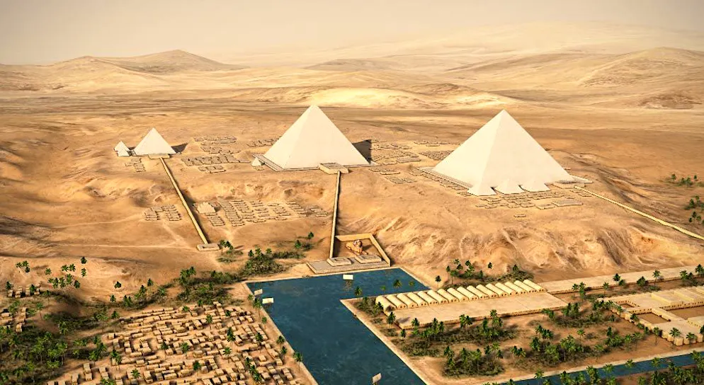 Rekonstruktion des Gizeh-Plateaus: Die Pyramiden sind klar zum Nil (unten im Bild) ausgerichtet. Über Hafenanlagen und Aufwege wurden Baumaterialien angeliefert; zugleich sind Tempel, Sphinx und Pyramiden entlang dieser Achse Teil eines gemeinsamen religiösen Systems.