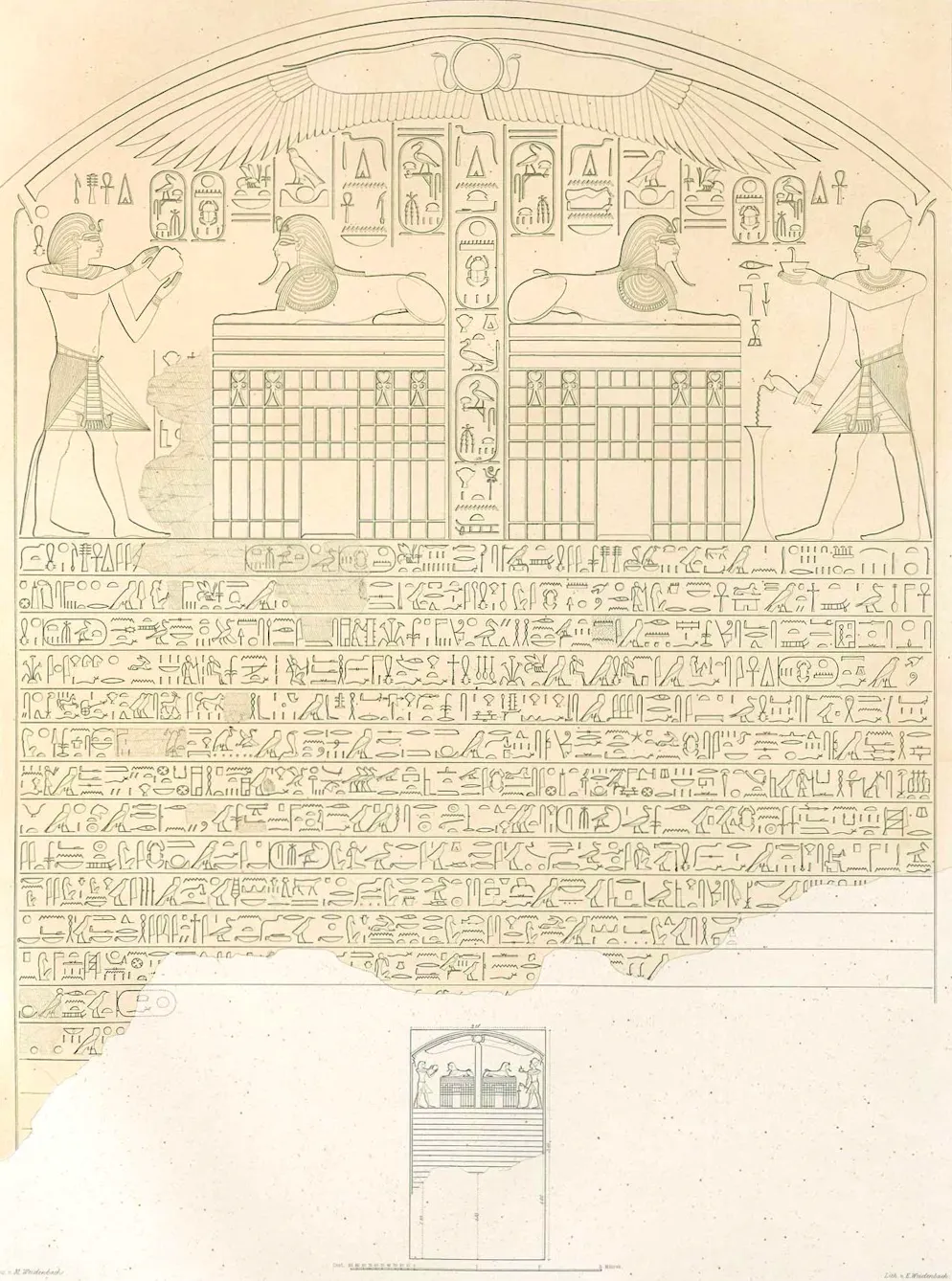 Schematische Darstellung der Traumstele: Pharao Thutmosis IV. ist spiegelbildlich zweimal dargestellt und bringt der Sphinx Opfer dar. Rechts trägt er die Blaue Krone (Kriegskrone), links das Nemes-Kopftuch. Über der Szene breitet sich ein geflügeltes Sonnensymbol aus, darunter folgt ein langer Hieroglyphen-Text mit der Traum-Erzählung.