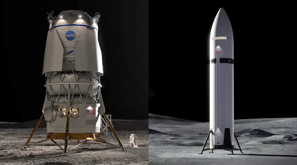 Visualisierungen der Mondlander von Blue Orgin (links) und SpaceX.