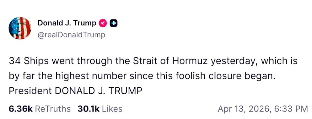 Il post di Trump del 13 aprile.