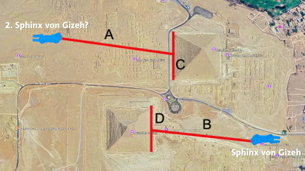 Diagram of the Giza Plateau: The known sphinx (bottom right) is connected to a hypothetical second sphinx (top left). According to Filippo Biondi, their position results from an axially symmetrical arrangement - mirrored across the pyramids. The lines (A-D) are said to show geometric parallels and proportions that point to the second, previously undiscovered sphinx.