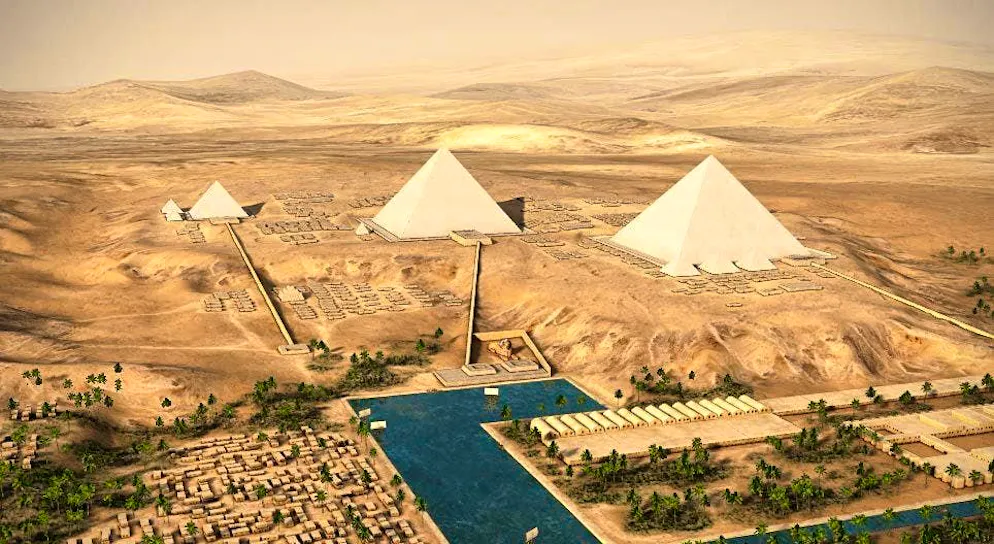 Reconstruction of the Giza plateau: the pyramids are clearly aligned towards the Nile (bottom of picture). Building materials were delivered via port facilities and access roads; at the same time, the temples, sphinx and pyramids along this axis are part of a common religious system.