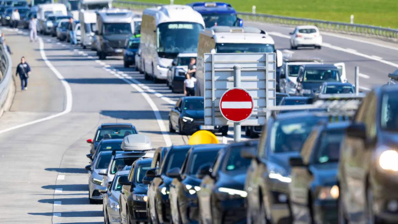 Road traffic. Traffic jam at the Gotthard north portal has grown to ten kilometers