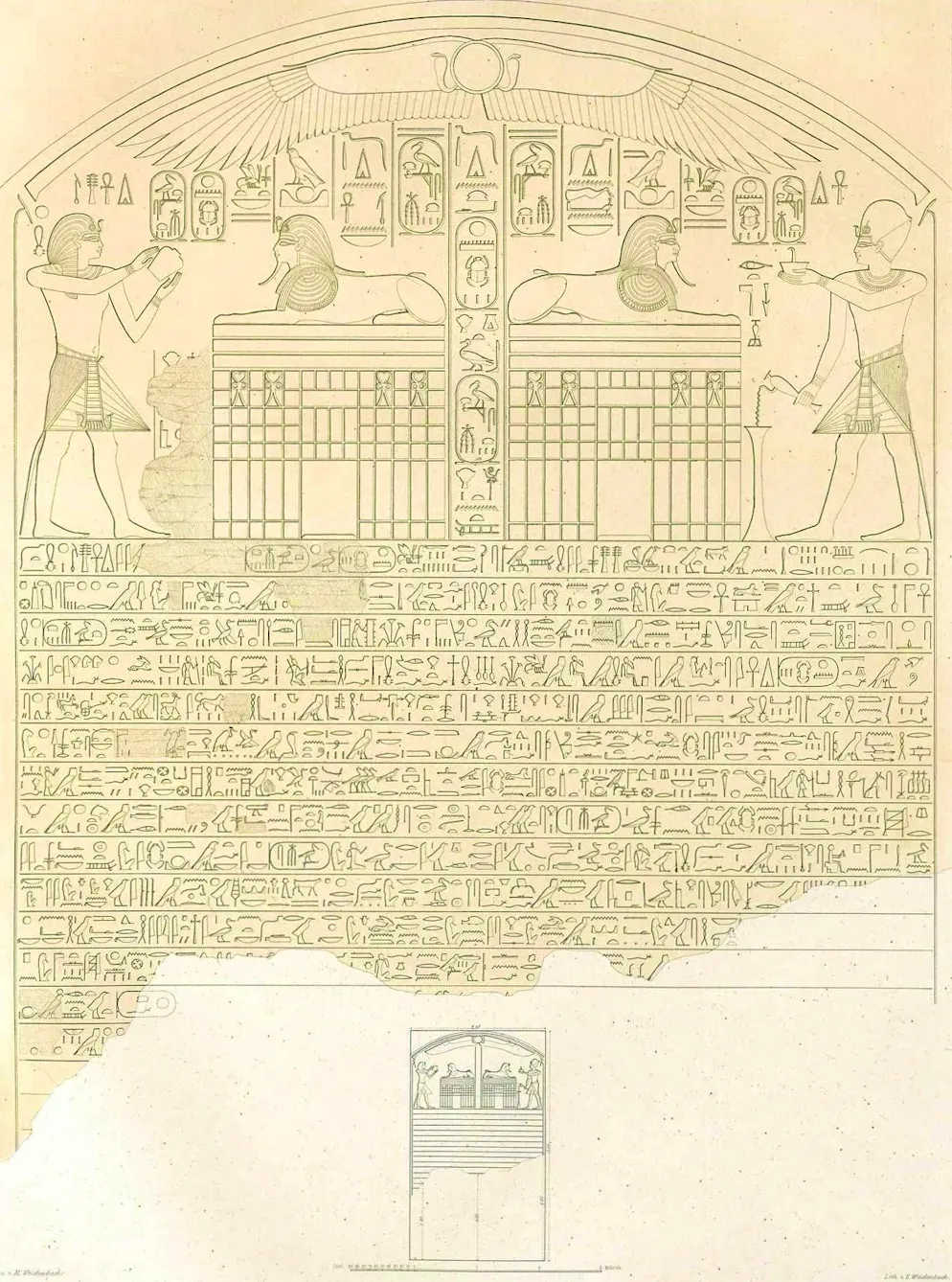 Schematic representation of the dream stele: Pharaoh Thutmosis IV is depicted twice in mirror image and is making sacrifices to the sphinx. On the right he wears the Blue Crown (war crown), on the left the Nemes headscarf. A winged sun symbol spreads out above the scene, followed by a long hieroglyphic text with the dream narrative.
