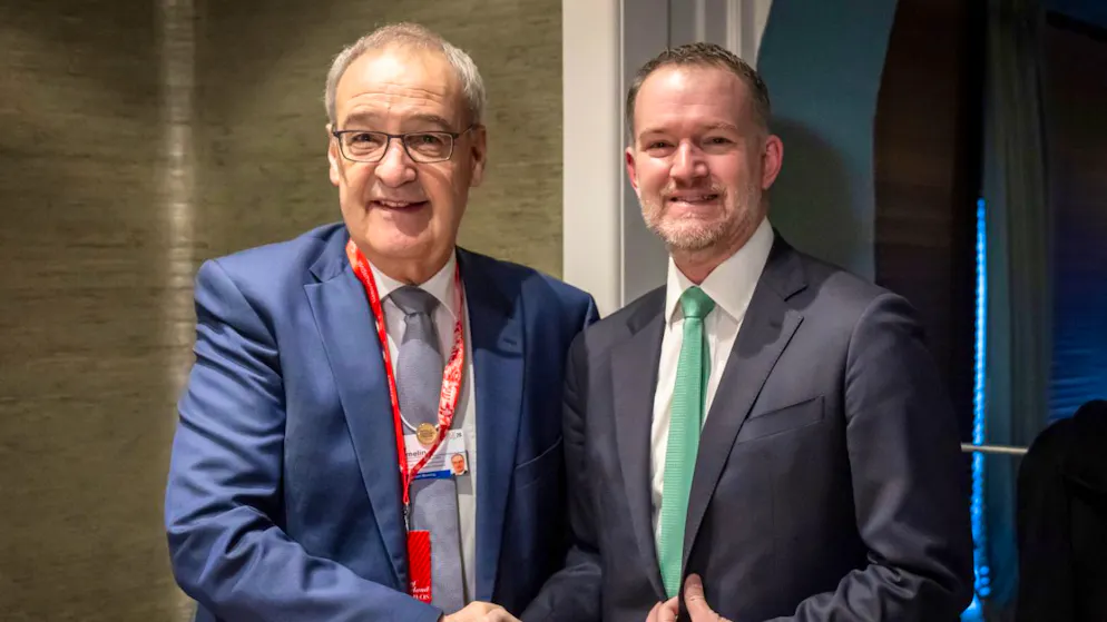 Le président de la Confédération Guy Parmelin avait rencontré le représentant américain au commerce Jamieson Greer (à droite) en marge de la réunion de printemps de la Banque mondiale à Washington. (Photo d'archive: WEF 2026 à Davos)
