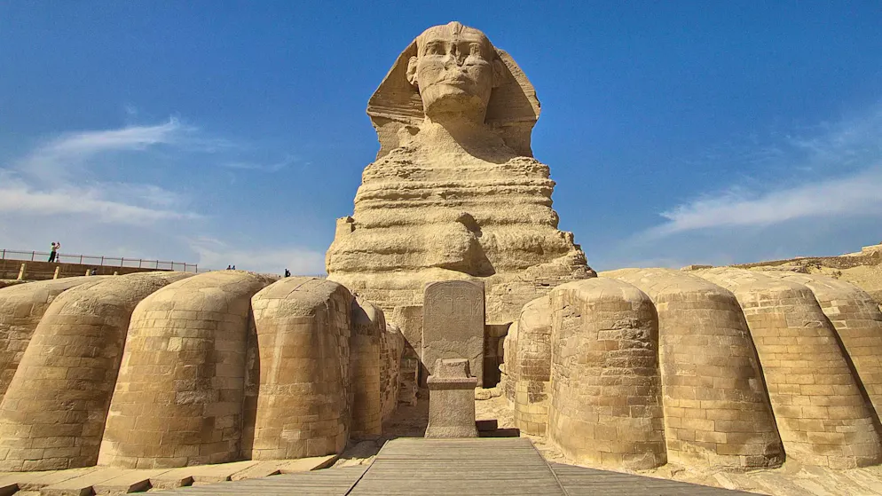 The so-called Dream or Sphinx Stele still stands today between the paws of the Great Sphinx on the Giza Plateau - directly in front of the monumental statue in the desert sand.