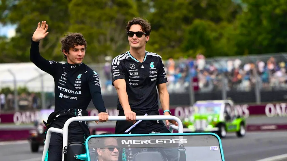 Kimi Antonelli (left) and George Russell are team-mates at Mercedes, but also rivals