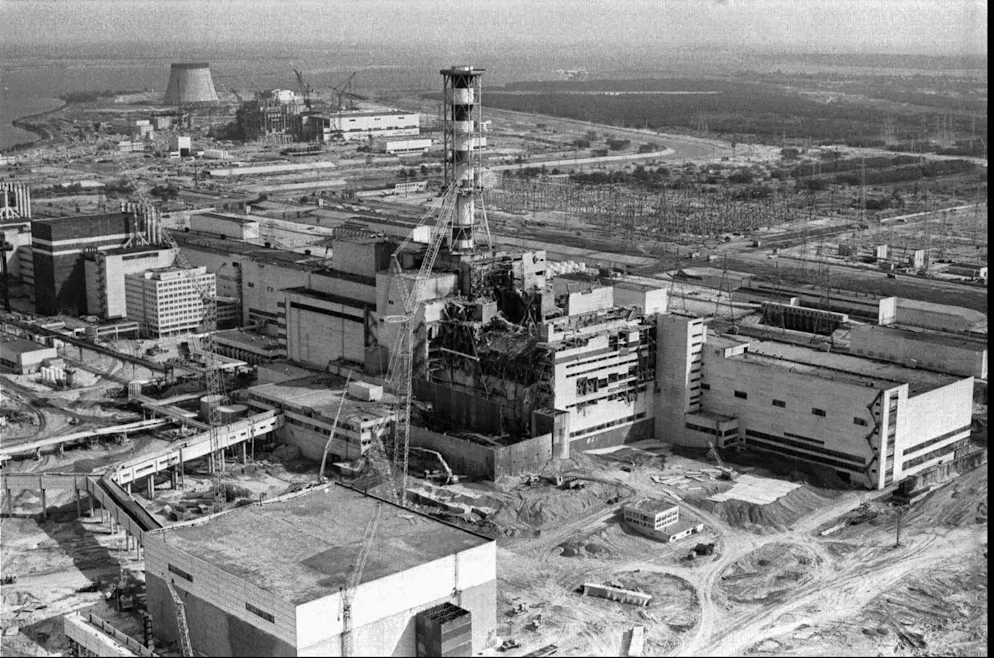 This photo from 1986 shows the Chernobyl nuclear power plant with the damage caused by the explosion and fire in reactor number four on April 26 of the same year.