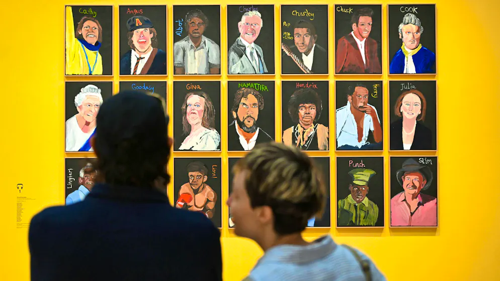 The portrait of Gina Rinehart can be found in the middle row of the 21 portraits, right next to the self-portrait of the painter Vincent Namatjira.