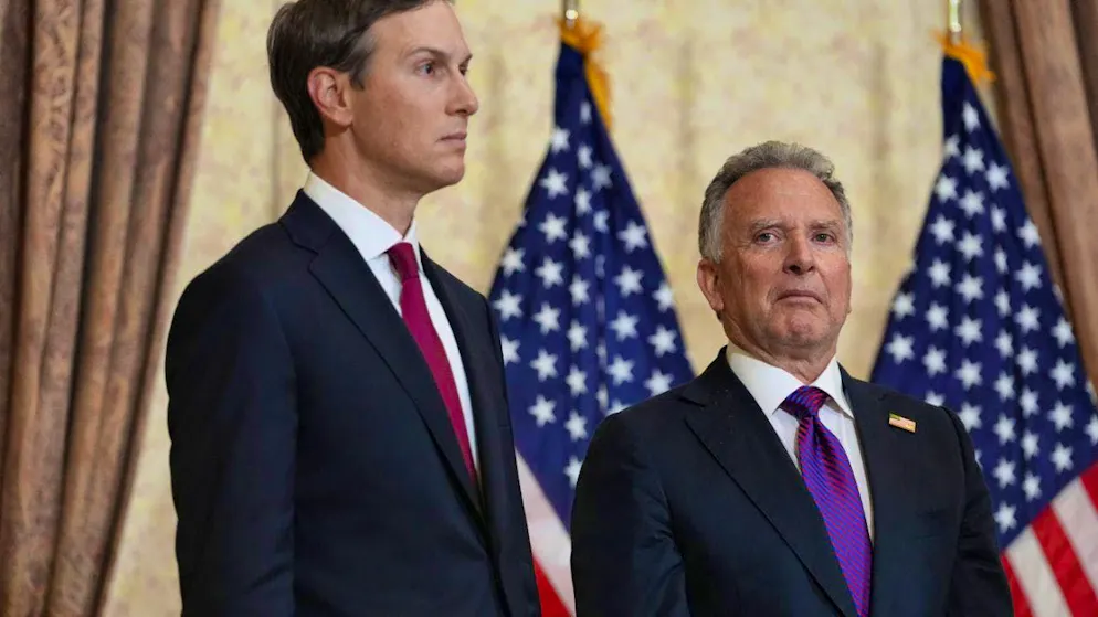 ARCHIVE - Jared Kushner (l) and Steve Witkoff, Special Envoy for Peacekeeping Operations, listen as US Vice President Vance speaks during a press conference after a meeting with representatives from Pakistan and Iran. Photo: Jacquelyn Martin/POOL AP/dpa