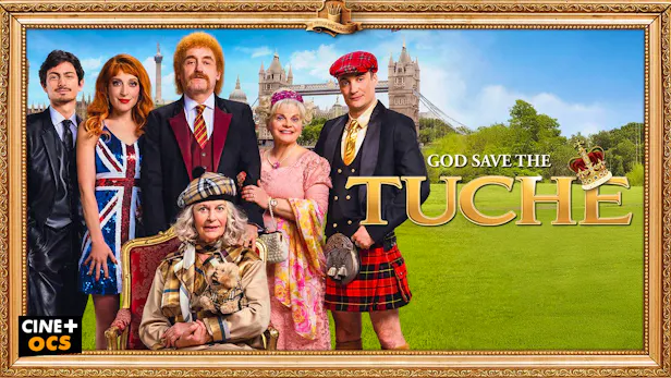 Comédie française God Save the Tuche avec famille devant décor londonien, histoire drôle sur le choc culturel