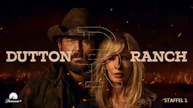 Westernserie Dutton Ranch mit Paar vor brennender Landschaft, Familienkonflikte und Machtkämpfe im Fokus