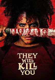 Film d’horreur They Will Kill You avec femme et couteau ensanglanté, ambiance sombre et menaçante