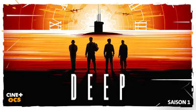 Série de science-fiction Deep avec équipage devant un sous-marin au coucher du soleil, mission mystérieuse en profondeur