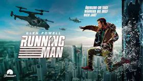 Actionfilm The Running Man mit Mann auf der Flucht über Hochhaus und Helikoptern im Hintergrund, futuristische Verfolgungsjagd