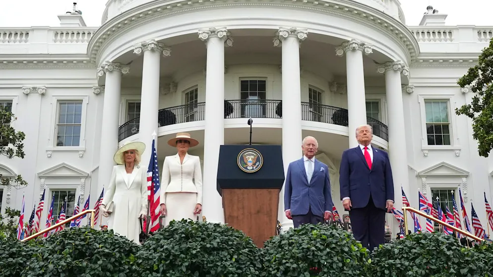 US-Präsident Donald Trump mit König Charles III, First Lady Melania Trump und Königin Camilla während des Empfangs im Weissen Haus.