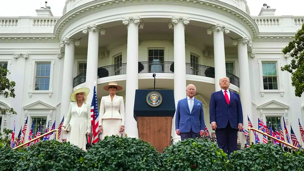 US President Donald Trump with King Charles III, First Lady Melania Trump and Queen Camilla during the reception at the White House.