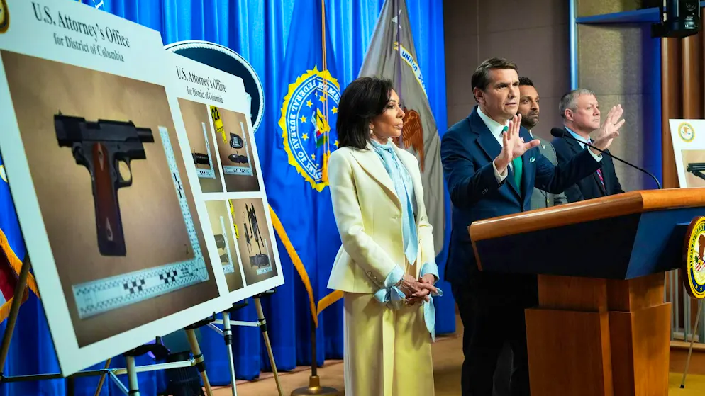 (From left to right) Federal Prosecutor Jeanine Pirro, Acting U.S. Attorney General Todd Blanche, FBI Director Kash Patel and FBI official Darren Cox on Monday in Washington at a press conference on Monday announcing the charges against Cole Thomas Allen.