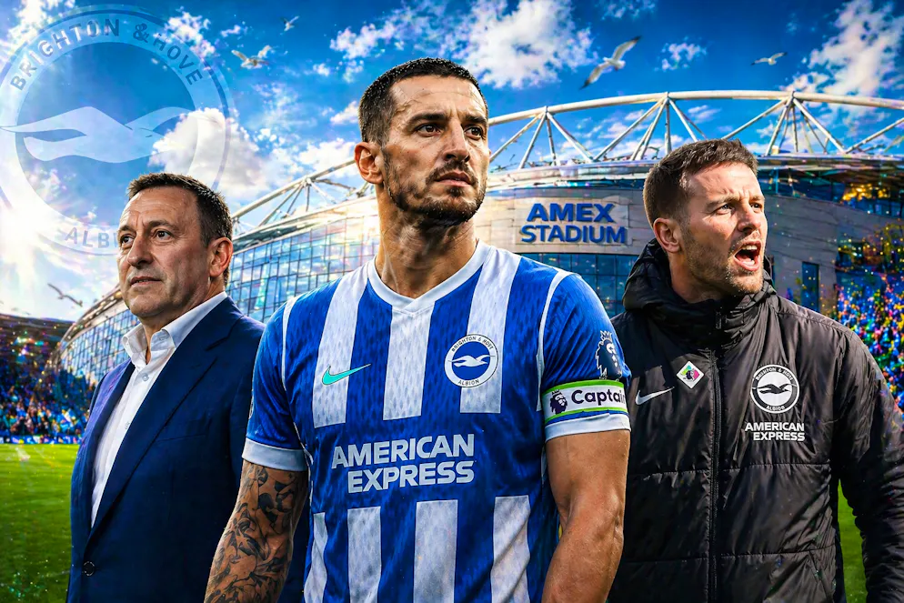 Il presidente Tony Bloom, il capitano Lewis Dunk e l'allenatore Fabian Hürzeler.