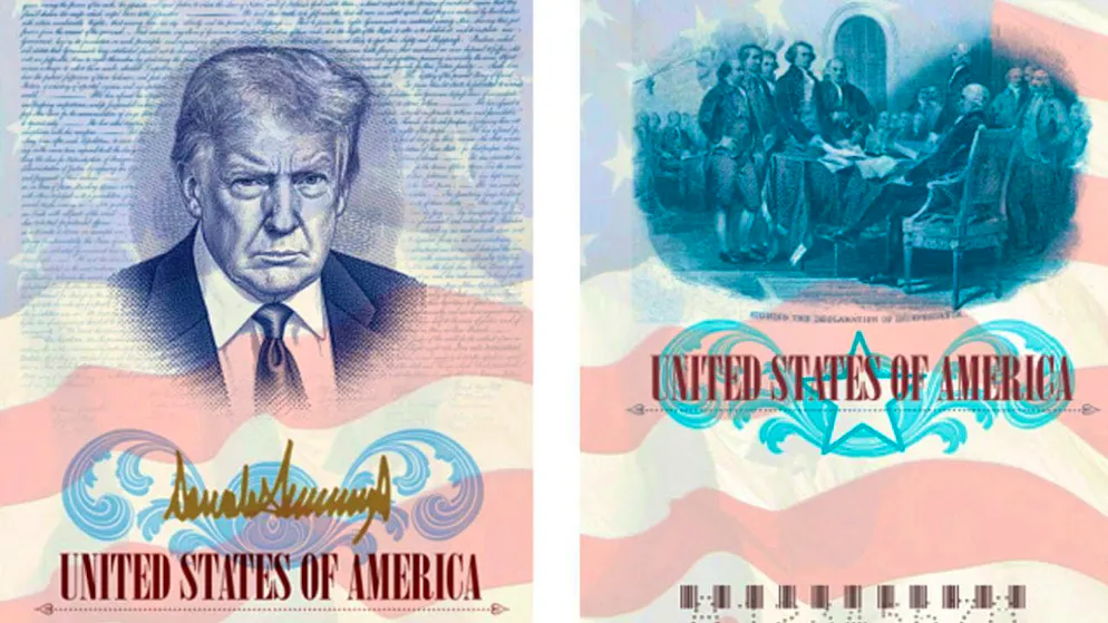 HANDOUT - This rendering provided by the State Department shows one of a limited edition commemorative U.S. passport celebrating America's 250th birthday and featuring an image of U.S. President Trump. Photo: Uncredited/State Department/AP/dpa - ATTENTION: For editorial use only in connection with current reporting and only with full attribution to the above credit