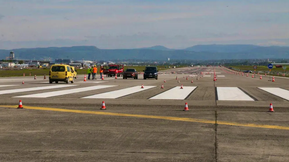 View from the northern end towards the south of the main runway of Euroairport Basel-Mulhouse-Freiburg, which is closed for renovation work, on April 29, 2026.