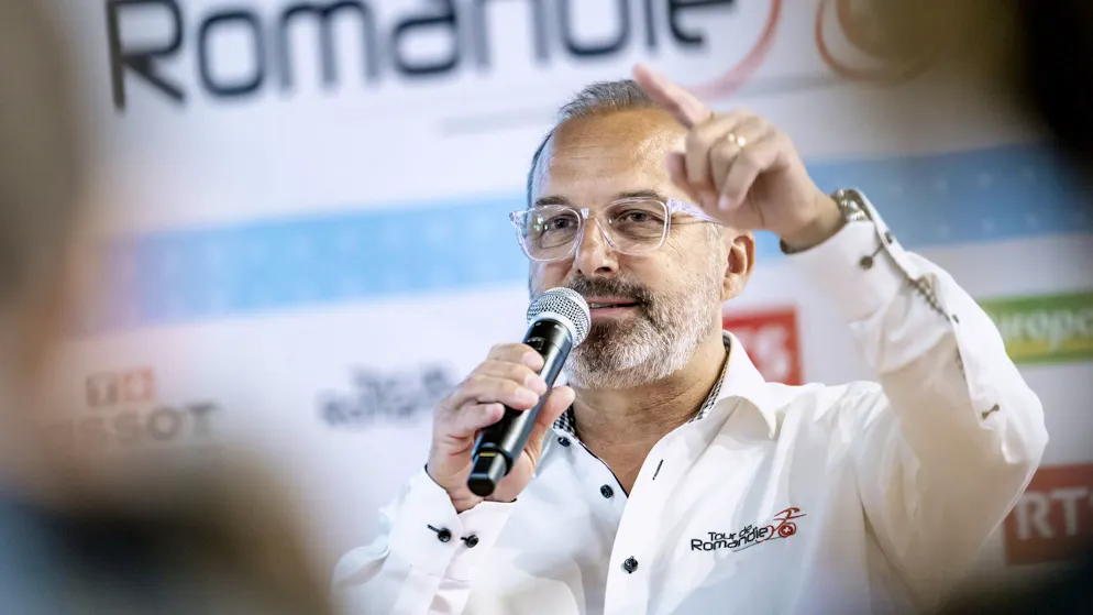 Richard Chassot lors d'une conférence de presse en marge du Tour de Romandie 2026.