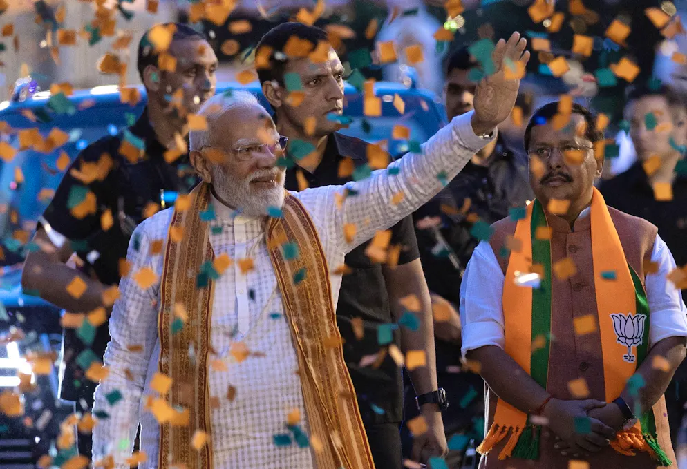 Il primo ministro indiamo Narendra Modi e il presidente del partito di Governo BJP Nitin Nabin.