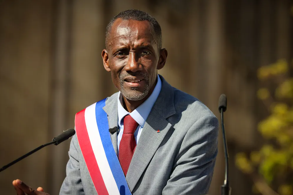 New Saint-Denis mayor from the far-left party La France Insoumise (LFI) Bally Bagayoko speaks at the rally against racism in Saint-Denis near Paris Saturday April 4, 2026, in Saint-Denis. (AP Photo/Thomas Padilla)