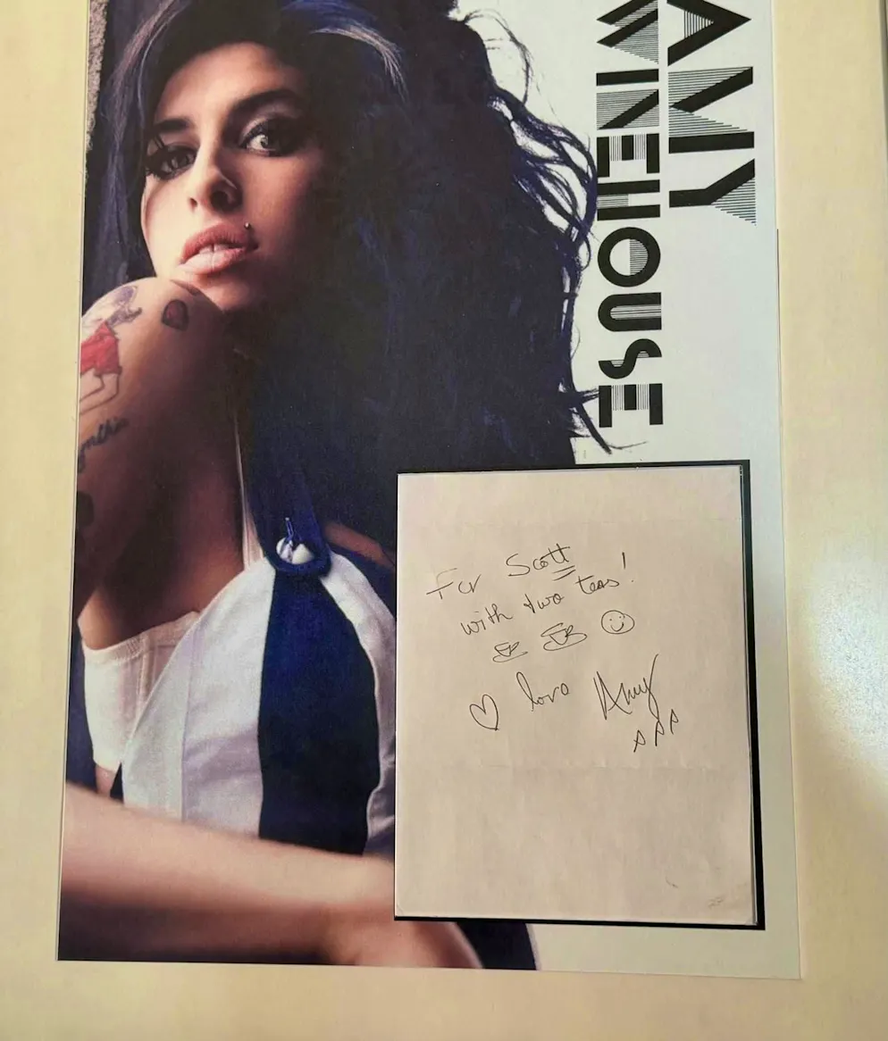 Autograph dealer Markus Brandes. One from singer Amy Winehouse is also on display. It contains a dedication to "Scott".