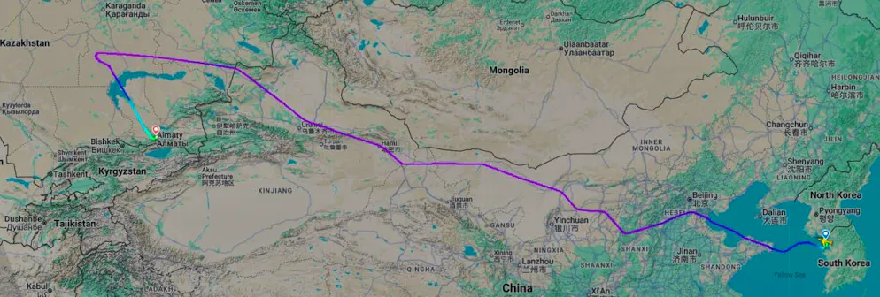 The plane took off over Kazakhstan.