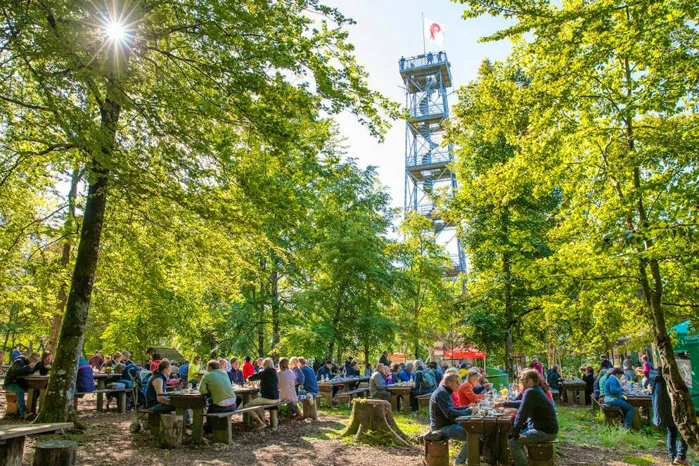 Idées d'excursions CFF été 2026 - Baselbiet. Les dimanches et jours fériés, le Turmwirtschaft vend plats et boissons.