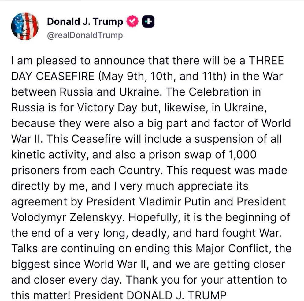 Auf seiner eigenen Plattform hat Präsident Trump den Waffenstillstand zwischen Russland und der Ukraine bekannt gemacht.