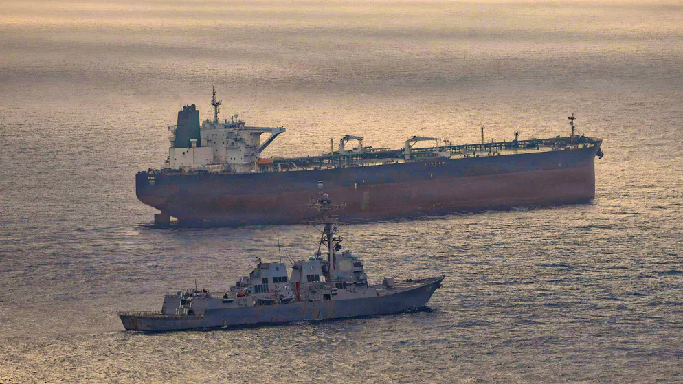 The US destroyer USS Rafael Peralta strikes the Iranian-flagged oil tanker M/V Herby, enforcing the self-declared naval blockade against ships entering or leaving Iranian ports and coastal areas.