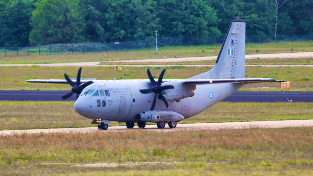 A Greek Air Force transport plane lands at Eindhoven Airport. Photo: Christoph Reichwein/dpa