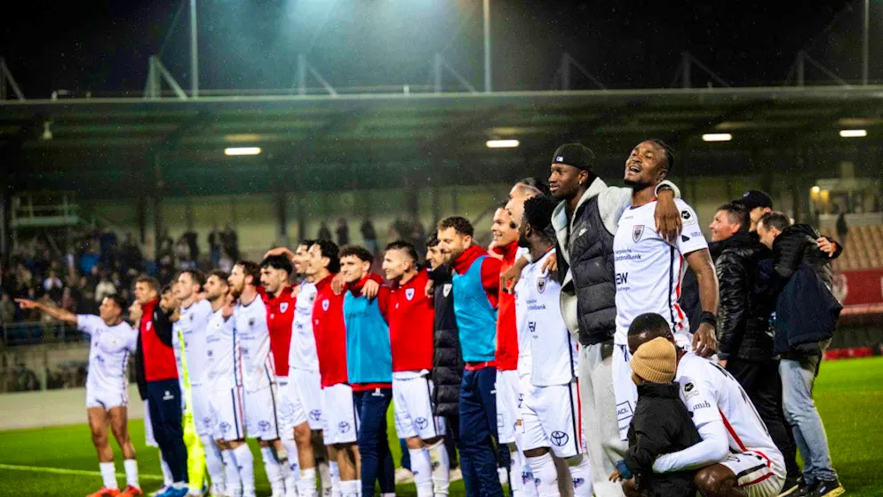 Central defender David Acquah (far right) lets Aarau celebrate in Vaduz
